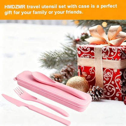 Travel Utensils with Case, Camping Utensil Sets, Wheat Straw Portable Knife Fork Spoons Tableware, Reusable Utensils for Lunch Box (Pink) - color: Pink