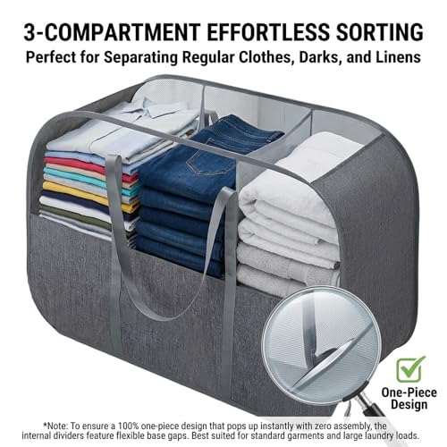 150L Collapsible Laundry Basket, 3-Compartment Foldable Hamper with Handles, Durable & Lightweight Clothes Organizer for Laundry Room, Dorm, Travel - Grey