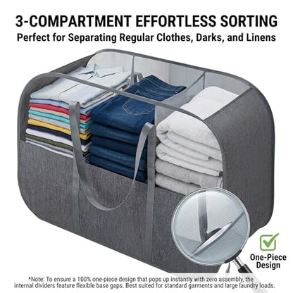 150L Collapsible Laundry Basket, 3-Compartment Foldable Hamper with Handles, Durable & Lightweight Clothes Organizer for Laundry Room, Dorm, Travel - Grey