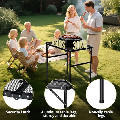 Anbte Portable Grill Table Max 29.5", 2 Adjustable Heights Folding Camping Table with Heat-Resistant Mesh Tabletop &Portable Handle, Waterproof, for Cooking BBQ Outdoor Patio, 31" X 22", Black - size: 35"L x 21.65"W x 29.4H"