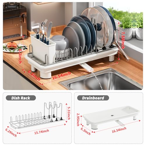 SanDream Small Dish Drying Rack with Removable Utensil Holder & Anti-Scratch Base - Stainless Steel Dish Rack, Dish Drying Rack with Drainage & Space Saving Design for Kitchen Counter, White - color: White
