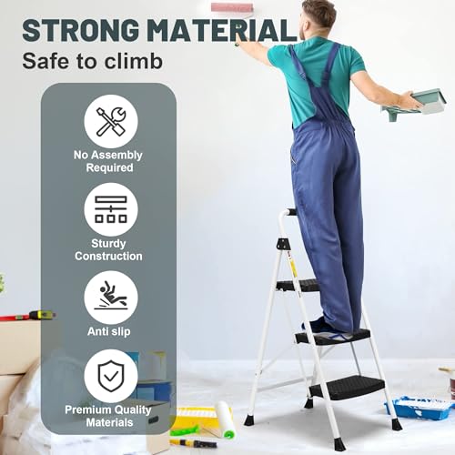 SocTone 3 Step Ladder, Folding Step Stool for Adults with Handle, Lightweight, Perfect for Kitchen& Household, 500lbs Capacity Sturdy Steel Ladder White - size: 3-Step