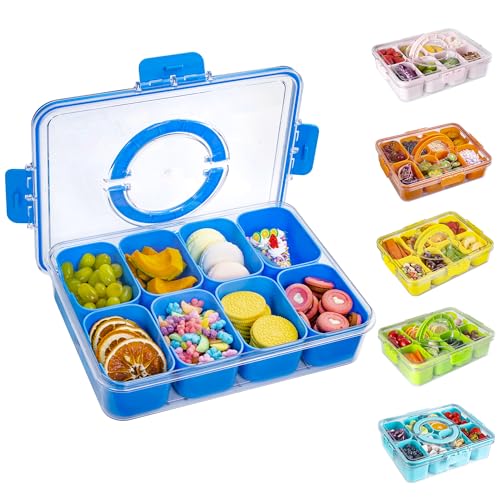 WACOI Divided Snack Serving Tray with Lid and Handle Travel Snackle Charcuterie Container Portable Storage Organizer for Candy, Fruits, Nuts, Snacks, Party, Picnic (1pack, Cerulean) - color: Cerulean, size: 1 Pack-8 Compartments