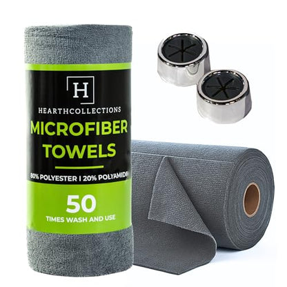 Microfiber Cleaning Cloth Roll Tearaway, 50 PCS Tear Away Towels, Reusable & Washable, Ultra Absorbent 12" x 12" Dish Rags for Car, Home, Kitchen, , 180 GSM Thickness, Paper Towel Alternative - color: Grey With Hanging Hooks