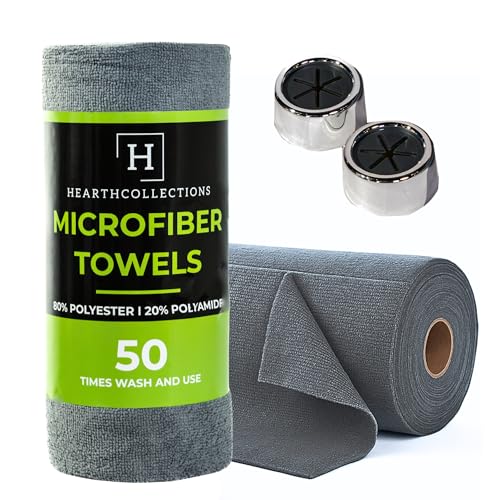 Microfiber Cleaning Cloth Roll Tearaway, 50 PCS Tear Away Towels, Reusable & Washable, Ultra Absorbent 12" x 12" Dish Rags for Car, Home, Kitchen, , 180 GSM Thickness, Paper Towel Alternative - color: Grey With Hanging Hooks