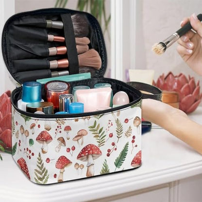 Cosmetic Bags Red Mushroom Printed Makeup Organizer Case for Women Ladies Multifunctional Toiletry Bursh Holder Purse Bathroom Receive Bag - color: Red Mushroom