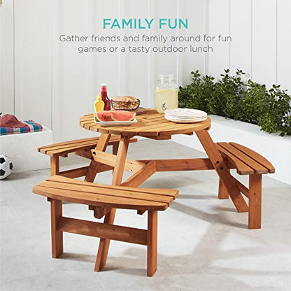 Best Choice Products 6-Person Circular Outdoor Wooden Picnic Table for Patio, Backyard, Garden, DIY w/ 3 Built-in Benches, 500lb Capacity - Natural - color: Natural