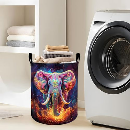 Vibrant Cosmic Elephant with Flames Laundry Basket with Handles, 19.7"x15.7" Clothes Foldable Laundry Hamper Organizer for Dorm Nursery Bedroom Bathroom Decor, Toy Storage Bin for Kids - style: Elephant30