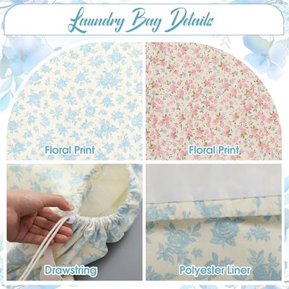 SATINIOR 2 Pcs Floral Laundry Bags 29" x 18" Pink Blue Canvas Travel Laundry Bags with Drawstring Shoulder Straps Washable Dirty Clothes Hamper Organizer for College Dorm Laundromat Apartment Camping - style: Floral