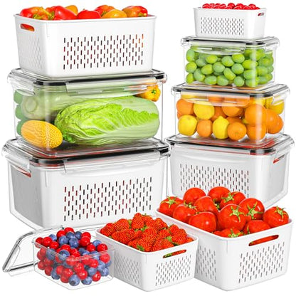 HOMETALL 6 PCS Fruit Storage Containers for Fridge with 6 Removable Colanders, BPA Free Produce Containers for refrigerator, Dishwasher & Microwave Safe Food Containers Keep Fruit, Salad, Berry, Fresh - size: 6 Pack