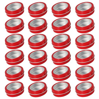2 oz (60ml) Red Aluminum Tins with Clear Lids and Labels, 24 Pack | Clear View Lid, Secure Packaging, Tight Screw Lids, Includes Blank Labels, 11 Color Options - color: Red
