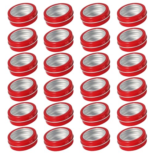 2 oz (60ml) Red Aluminum Tins with Clear Lids and Labels, 24 Pack | Clear View Lid, Secure Packaging, Tight Screw Lids, Includes Blank Labels, 11 Color Options - color: Red
