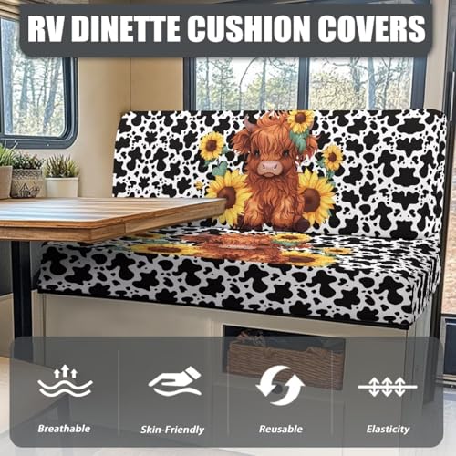 Highland Cow Print RV Dinette Cushion Covers Universal Sunflower RV Stretch Sofa Seat Slipcovers 2 Pack with 1 Bench Cover and 1 Backrest Cover Camper Accessories for Inside - color: Highland Cow Print