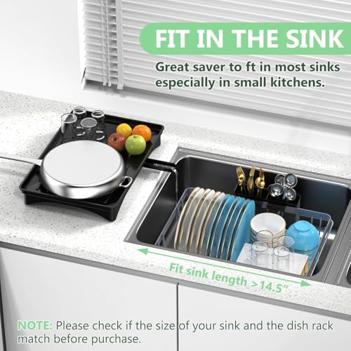 LEMIKKLE Sink Dish Drying Rack - Expandable Small Dish Rack Over Sinks with Drying Tray, Dish Drainer for Kitchen Counter with Cutlery Holder, Drying Rack Fit for 14’’-19’’ Kitchen Sink - color: Gray + Expandable Rack