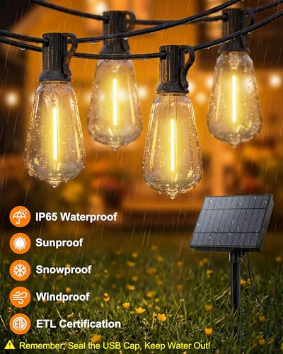 Solar String Lights Outdoor Waterproof, 54FT Patio Lights Solar Powered with Remote & USB, 10 Brightness Levels & Timer, 3 Light Modes, 15+1 ST38 LED Shatterproof Bulbs for Backyard, Camping - size: 54FT (15Bulbs)