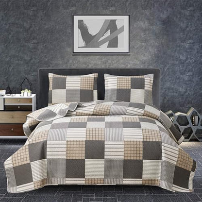Plaid Quilt Set - Queen Size Bedspread & Coverlet - Brown White Plaid - Lightweight & Reversible - Soft Microfibers - All Season - color: Brown Plaid Patchwork, size: Full/Queen