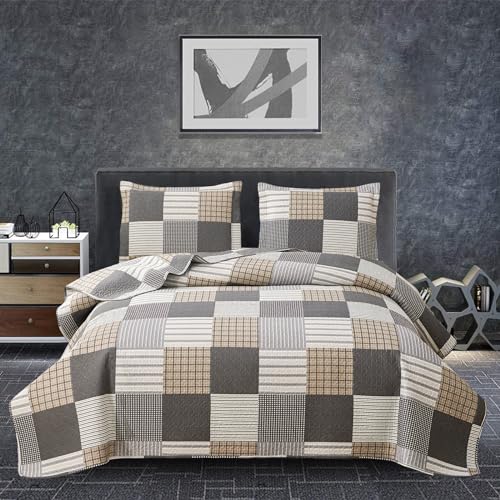 Plaid Quilt Set - Queen Size Bedspread & Coverlet - Brown White Plaid - Lightweight & Reversible - Soft Microfibers - All Season - color: Brown Plaid Patchwork, size: Full/Queen