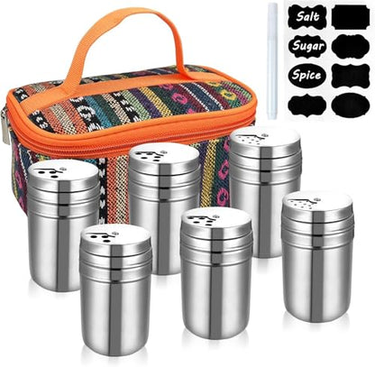 Camping Spice Kit, Salt and Pepper Shakers with Travel Bag, 6 Pc | Stainless Steel Containers with Pour Lids and Labels Organize Sugar, Herbs and Seasonings for Hiking, BBQ, RVing and Picnics - color: Orange