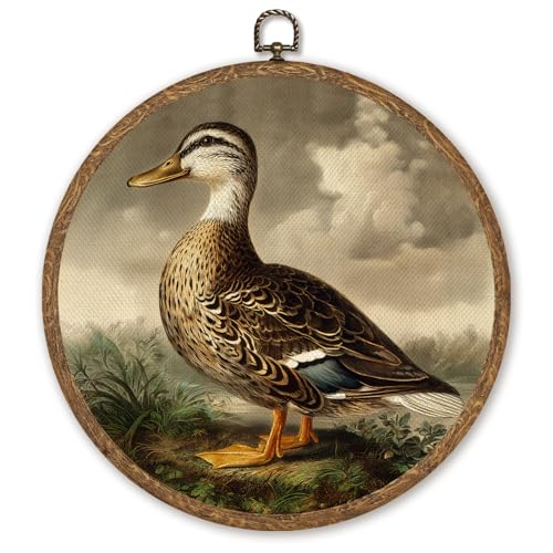 Nature Wetland Duck Round Wall Art Decor, Rustic Country Floral Ducks Wall Hanging Linen Prints Artwork Framed, Retro Cottagecore Circular Wall Decor for Kitchen Bedroom Farmhouse, 10x10 Inch (Colorful-Duck03) - color: Colorful-Duck03