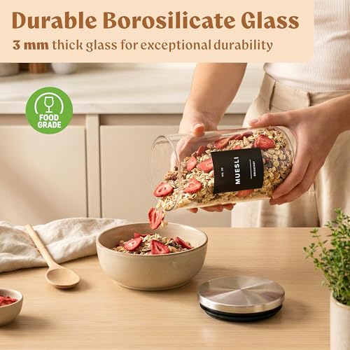 EDELHAUS Glass Storage Containers with Stainless Steel Lids [Extra Thick Glas] with 54 Labels - Canister For Pantry Noodles Flour Cereal Rice Sugar Tea Coffee Beans - Round Set of 5x - color: 5 Pack - Silver Lids