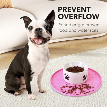 Silicone Pet Food Mat - Waterproof Dog Food Bowl Mat Cat Feeding Mat Thicker Pet Placemat Eating Mat with High Lip to Prevent Spills, Dog & Cat Water Bowl Mat for Messy Drinkers to Protect Floors,Pink - color: Pink