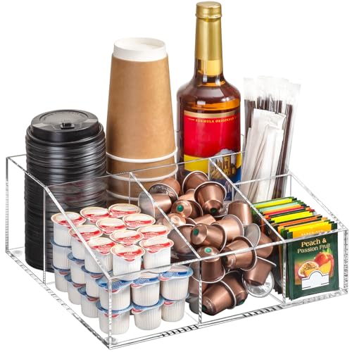 BEYGORM Acrylic Coffee Bar Station Organizer for Countertop,Office Breakroom Clear Snack Tea Storage Accessories Holder for Kcup Pod Condiment Cup Sugar Creamer Syrup, Coffee Gift for Coffee Lovers - size: Large