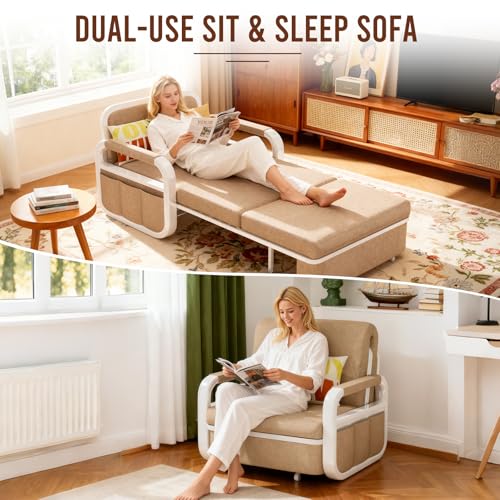 42.5" Pull Out Sofa Bed, 3 in 1 Convertible Sleeper Sofa, Single Loveseat Couch Bed with Storage, Trundle and 2 Pillows for Living Room, Bedroom, Dorm, Office, RV (Saddle Tan) - size: 40"- Single