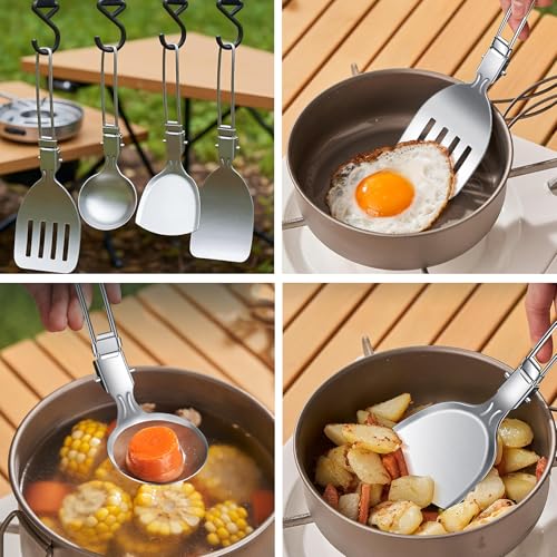 Camping Cooking Utensil Set Foldable 304 Stainless Steel Spatula Turner Soup Spoon Kit Portable Kitchen Utensils Folding Cookware Kit for Outdoor Travel Hiking Picnic (Silver C, Colander Spoon) - color: Silver C, Colander Spoon