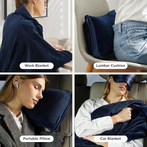 Bedsure Travel Blanket Airplane Compact with Storage Bag, Packable Blanket with Eye Mask, Lightweight 2-in-1 Travel Essentials, Functioned as Pillow for Airplane Comfort and Warmth, Navy - color: Navy