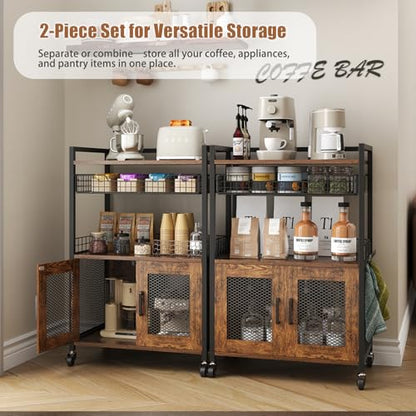 Hencawima Coffee Bar Cabinet, 3 Tier Coffee Station Table on Wheels, 35.9" H Bar Cart with Wire Basket Drawer & 5 Hooks for Home Kitchen, Liquor Buffet Sideboard Cabinet (Rustic Brown) - size: X-Large