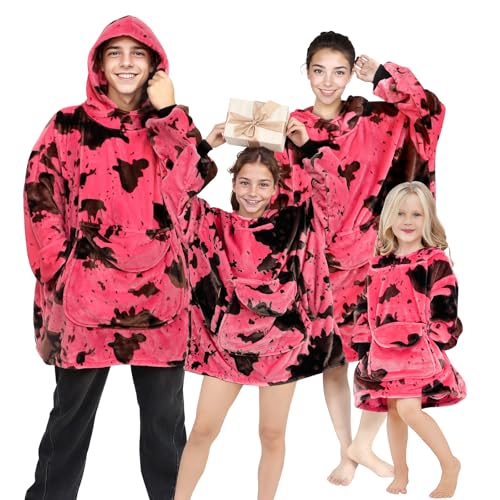 cow print Pink Wearable Blanket Hoodie 6-13 Year Old - Cozy Soft Fleece Flannel Hot Pink Hooded Sweatshirt Blanket, Christmas/Birthday Gifts for Teens Girls - color: Black Pink, size: Kids-M