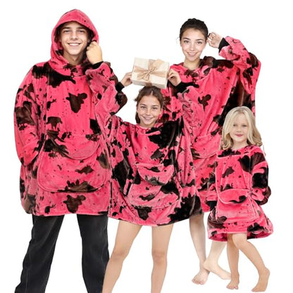 cow print Pink Wearable Blanket Hoodie 6-13 Year Old - Cozy Soft Fleece Flannel Hot Pink Hooded Sweatshirt Blanket, Christmas/Birthday Gifts for Teens Girls - color: Black Pink, size: Kids-M