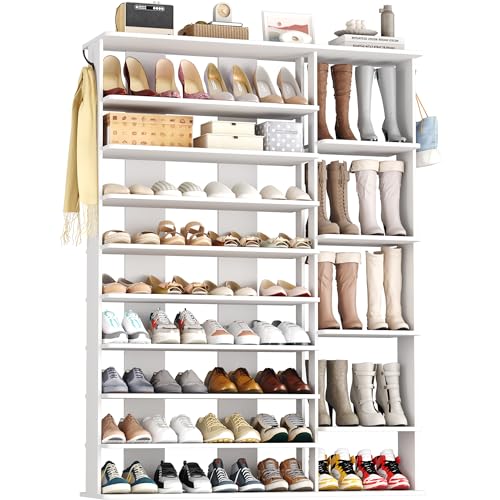 HOMEFORT 10 Tiers Shoe Rack, 50 Pairs Large Shoe Shelf, 61.8" Tall Shoe Tower, Freestanding Shoe Rack Organizer with Open Shelves, Wood Shoe Stand for Boot Storage, for Closet, Entryway, White - color: White, size: 11.81"D x 47.24"W x 61.81"H