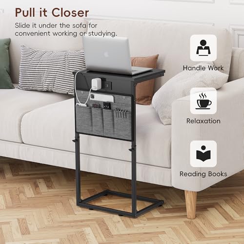 Vagusicc C-Shaped End Table Set of 2 with Charging Station, Small Side Table for Couch, Adjustable Height Couch Side Table, Slide Under Sofa Table TV Tray Tables for Living Room,Bedroom,Bedside, Black - color: 2pc Black