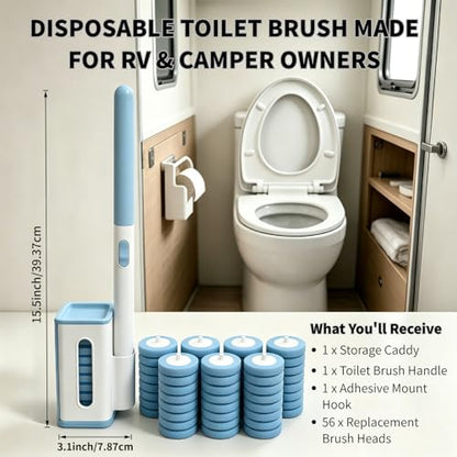 RV Toilet Brush and Holder, Wall Mount Toilet Cleaner with 56 Cleaner Refills, Hands-Free Toilet Bowl Wand Kit for RV Camper & Small Bathroom