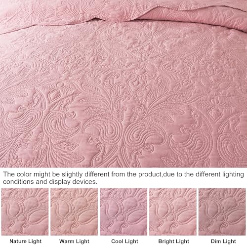 HoneiLife Queen Quilt Bedding Set - 3 Piece Microfiber Quilt Sets Lightweight Bedspreads Reversible Coverlets Rustic Bed Cover Floral Bedding Set All Season Quilts-Pink - color: Dusty Pink, size: Queen/Full-90"x96"