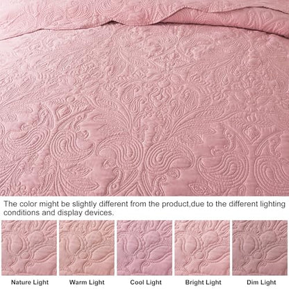 HoneiLife Queen Quilt Bedding Set - 3 Piece Microfiber Quilt Sets Lightweight Bedspreads Reversible Coverlets Rustic Bed Cover Floral Bedding Set All Season Quilts-Pink - color: Dusty Pink, size: Queen/Full-90"x96"