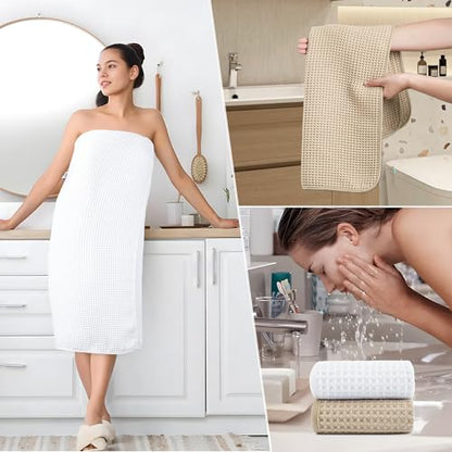 POLYTE 430 GSM Microfiber Quick Dry Lint Free Oversize Bath Towel Set, 6 Piece (Waffle Weave) - color: White,beige