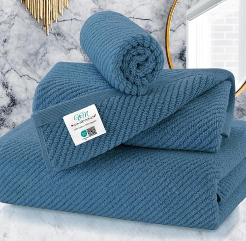 VOOVA & MOVAS Labrador Blue Towels for Bathroom, 100% Cotton | Quick Dry | Soft | Thick, 3 Piece Towel Set, 1 Large Bath 30" x 56", 1 Hand 18" x 28", 1 Wash Cloth 13" x 13", Bathroom Essentials - color: Labrador Blue, size: 3 PC Bathroom Towel Set