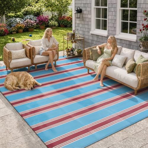 Lahome Striped Outdoor Carpet Plastic Straw Rug, Reversible Patriotic Outdoor Rug Waterproof 9x12 Rugs for Patio, RV Camping Picnic Mat for Beach Deck Backyard Balcony(Blue/Red,9'x 12') - color: Blue/Red, size: 9'x12'