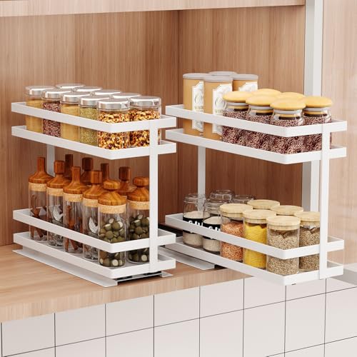 Mustorn 2 Pack Pull Out Spice Rack Organizer for Cabinet, 2 Tier Metal Slide Out Seasoning Organizer and Storage Heavy Duty Vertical Spice Rack Shelf Pullout for Kitchen Cabinets No Drilling (White) - color: White(Metal)