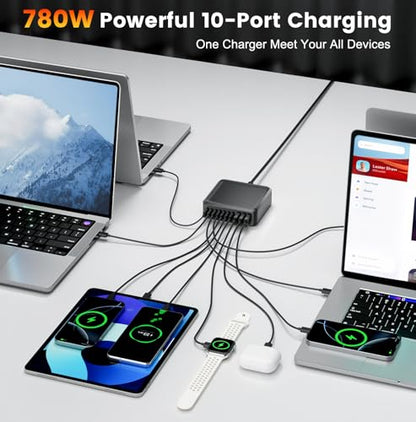 780W USB C Charger Block Fast 10-Port USB C Charging Station GaN PD 120W Laptop Charger Adapter for MacBook Pro/Air, DELL, iPad, iPhone, Samsung Galaxy Black - color: Black