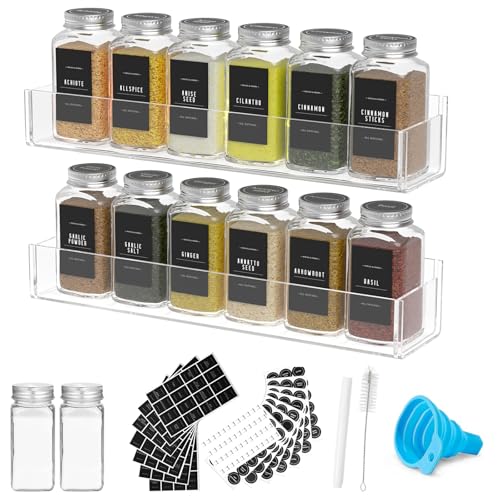 PMMASTO Adhesive Acrylic Spice Rack Organizer with 12 Empty Square Spice Jars, 238 Spice Labels with Chalk Marker and Funnel Complete Set for Kitchen Cabinet/Pantry Door (Clear - 2 Pack) - color: Clear, size: 2 Pack-12" (Rack + 12 Spice Jars)
