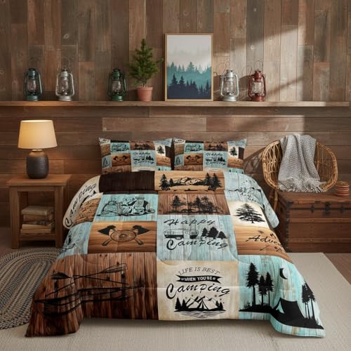 Happy Camping Comforter Set,Lake Boat Pine Tree Pattern Bedding Set 3Pcs,Vintage Rustic Farmhouse Quilt Set Brown Green Blue Plaid Old Wood Patchwork Duvet Insert Kids Teens Adult King Size - color: Camp 01, size: King