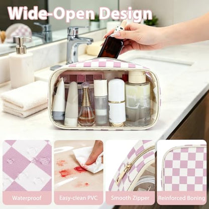Fammart Clear Travel Makeup Bag for Women, TSA Approved Checkered Cosmetic Bag Make Up Car Organizer Case with Zipper, Large Waterproof Pouch Purse Toiletry Bag for Skincare, Brushes Travel Essentials - color: Clear, 2PCS - Dusty Pink Checkered
