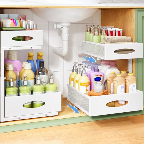 Under Sink Organizer, 1-Pack Pull Out Cabinet Organizer 2 Tier Metal Slide Out Storage Shelf Rack, L-Shaped Adjustable Height,Mesh Sliding Drawer for Kitchen, Bathroom, Laundry, Pantry, White, XL - color: White, size: 1-Pack