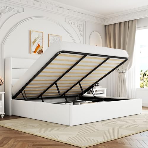 Allewie King Size Velvet Lift Up Storage Bed, Modern Wingback Headboard, Hydraulic Support, No Box Spring Needed, White - color: White, size: King, style: Modern