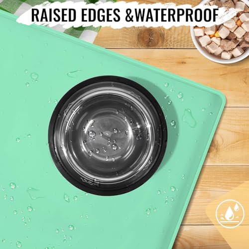 MateeyLife Dog & Cat Food Mat - Waterproof, Nonslip, Raised Edges, Silicone Tray for Messy Drinkers, 24"x16", Mint Green - color: Green, size: 24''×16''
