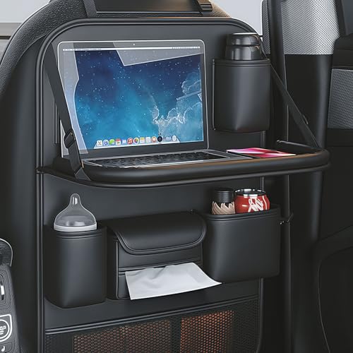 Car Backseat Tray Table with Organizer, Foldable Car Seat Back Organizer with Desk, Nappa Leather, Holds 27 lbs, Laptop Table for Kids Eating, Travel & Office, Waterproof Kick Mats - color: Ycpasta