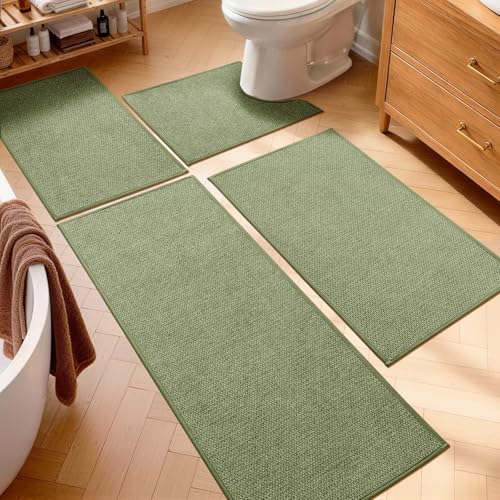 YIHOUSE Green Bathroom Rugs Sets 4 Piece, Quick Dry Non Slip Thin Bath Mat with Toilet Rug, Absorbent Machine Washable Bath Runner Rugs for Bathtub Sink Home Decor - color: Green, size: 4 pieces